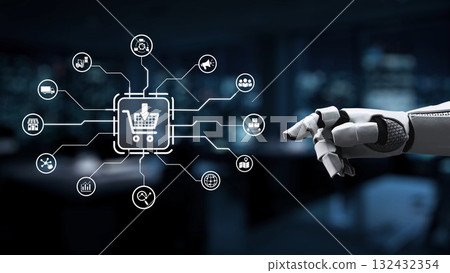 Robot Hand Interacting with E-Commerce Icons in a Modern Workspace, Representing the Fusion of Technology and Online Shopping Experience Synapse Robot Hand Interacting with E-Commerce Icons in a Modern Workspace, Representing the Fusion of Technology and Online Shopping Experience Synapse 132432354