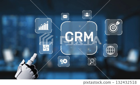 Advanced Customer Relationship Management Concept with Robotic Hand and Digital Interface Symbols Representing Business Communication and Data Analysis Synapse 132432518