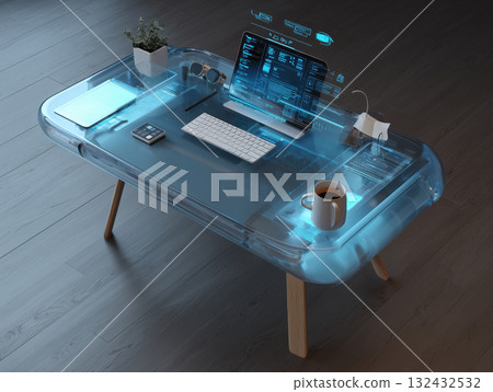 Transparent futuristic desk with holographic computer interface, keyboard, coffee mug and tablet sleek modern office setting, calm ambient lighting Transparent futuristic desk with holographic computer interface, keyboard, coffee mug and tablet sleek modern office setting, calm ambient lighting 132432532