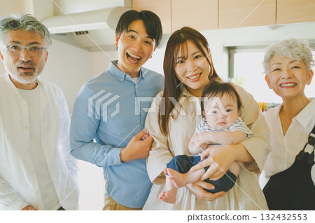 Kitchen and three-generation family 132432553