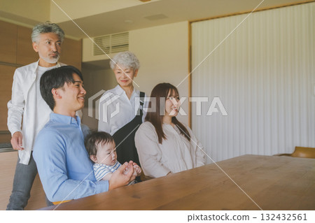 Three-generation family gathering at home Three-generation family gathering at home 132432561