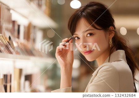 Stylish adult Japanese beauty applying makeup (side view) 132432684