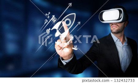Businessman in Virtual Reality Headset Interacting with Digital Graphics Symbolizing Innovation, Growth, and Future Technology in a Modern Office Environment. Raster 132432733