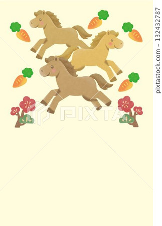 2026年新年 馬年生肖 新年賀卡插圖 可愛的馬和胡蘿蔔 日式 手繪設計 插圖素材 132432787