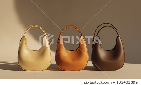 Soft yellow orange brown leather handbag trio on neutral background evoking warm elegant mood Soft yellow orange brown leather handbag trio on neutral background evoking warm elegant mood 132432899