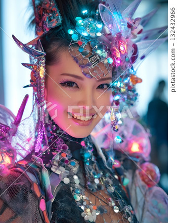 2100 年的未來髮型和化妝趨勢（豎圖） 132432966