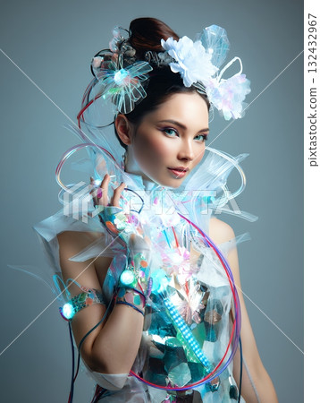 2100 年的未來髮型和化妝趨勢（豎圖） 132432967