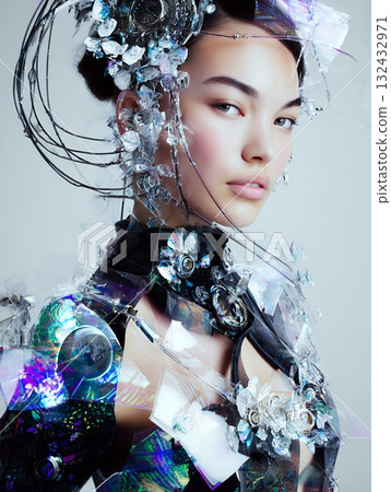 2100 年的未來髮型和化妝趨勢（豎圖） 132432971