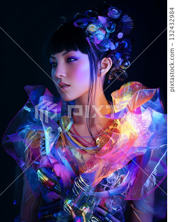 2100 年的未來髮型和化妝趨勢(豎圖) 2100 年的未來髮型和化妝趨勢(豎圖) 132432984