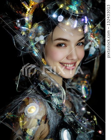 2100 年的未來髮型和化妝趨勢（豎圖） 132433013