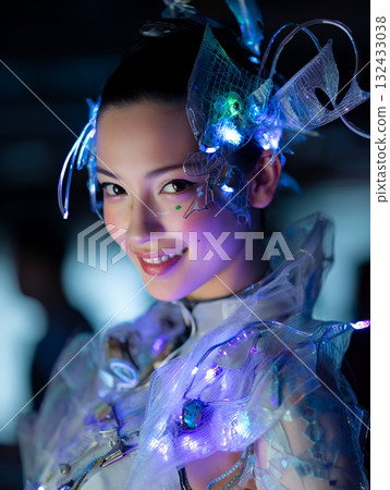 2100 年的未來髮型和化妝趨勢（豎圖） 132433038