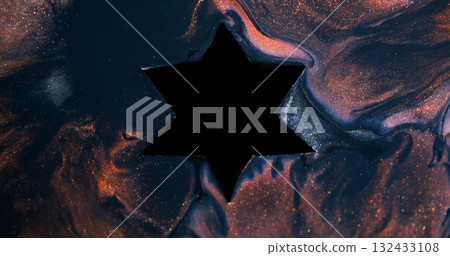 Paint spill. Glitter star. Defocused orange purple color particles water bubble dark black texture on abstract acrylic bokeh art background. Paint spill. Glitter star. Defocused orange purple color particles water bubble dark black texture on abstract acrylic bokeh art background. 132433108