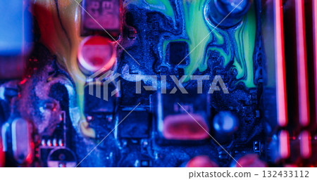 Paint fluid. Electronic technology. Defocused green blue red color glitter water bubble motherboard liquid on abstract art background. Paint fluid. Electronic technology. Defocused green blue red color glitter water bubble motherboard liquid on abstract art background. 132433112