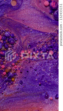 Oil background. Paint bubbles. Defocused blue purple pink color ink marble glitter water round mix texture flowing on acrylic art abstraction. 132433151