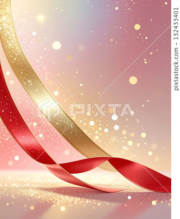 奢華的背景，紅色和金色閃亮的絲帶飛舞，閃閃發光 132433401