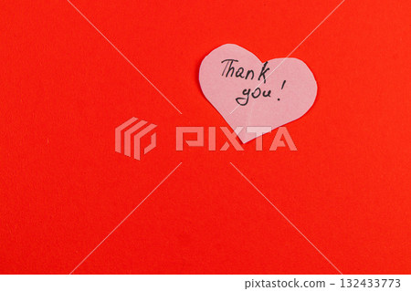 Handmade thank you card on red background for appreciation message Handmade thank you card on red background for appreciation message 132433773