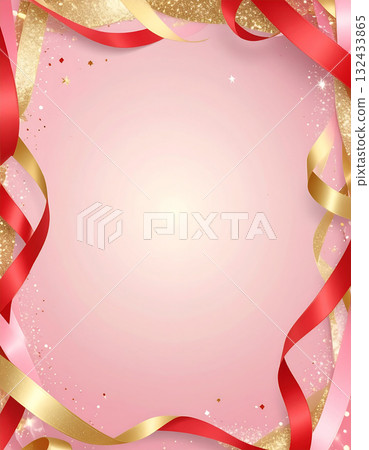 華麗的框架，閃亮的紅色和金色絲帶和華麗的閃光在淡粉色背景上飄揚 132433865