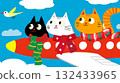 Three Cute Cats Flying on Airplane Christmas time, Whimsical Travel Adventure Illustration 132433965