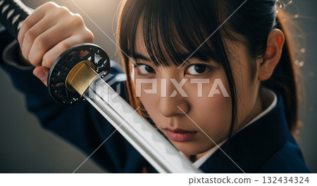 手持日本刀的日本少女的銳利目光 手持日本刀的日本少女的銳利目光 132434324