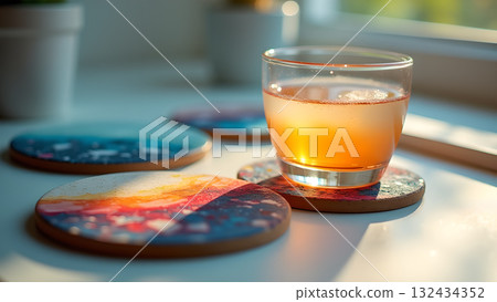 Refreshing orange beverage on artistic coasters basking in sunlit ambiance perfect for a relaxing Refreshing orange beverage on artistic coasters basking in sunlit ambiance perfect for a relaxing 132434352
