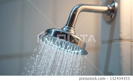 Refreshing cascade a close up of a shower head dispensing a steady stream for hygiene routine Refreshing cascade a close up of a shower head dispensing a steady stream for hygiene routine 132434353
