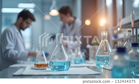 Innovative scientific research unfolds with focused scientists and laboratory glassware filled 132434375