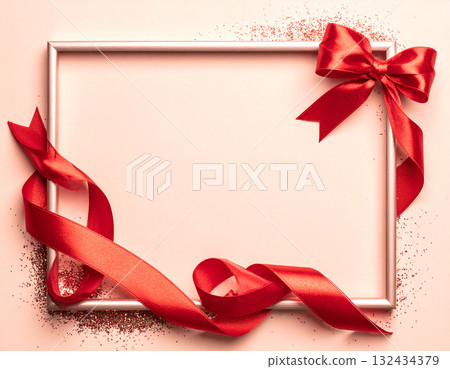 Romantic pastel frame decorated with red ribbon and sparkling glitter 132434379