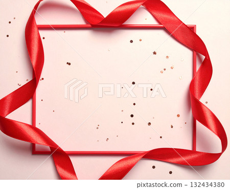 Romantic pastel frame decorated with red ribbon and sparkling glitter 132434380