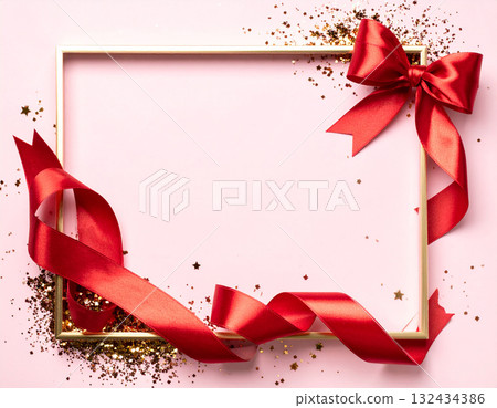 Romantic pastel frame decorated with red ribbon and sparkling glitter 132434386