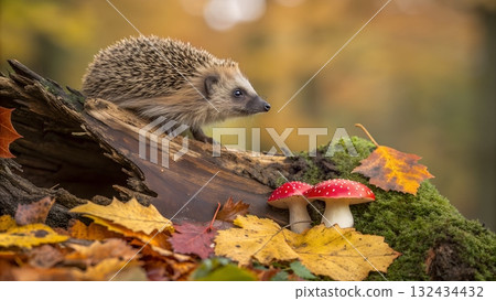 Charming hedgehog amidst fall foliage and bright red mushrooms in a stunning autumn forest scene 132434432