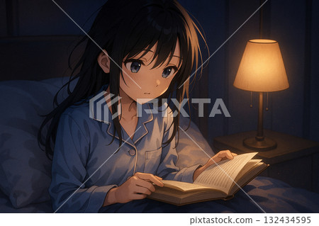 A beautiful anime girl reading a book in the quiet of the night - a relaxing time surrounded by warm light 132434595