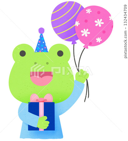 Cute frog wearing a fun party hat celebrating with a gift box and balloon Cute frog wearing a fun party hat celebrating with a gift box and balloon 132434709