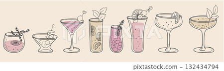 Whimsical Cocktail Hand-Drawn Set 132434794