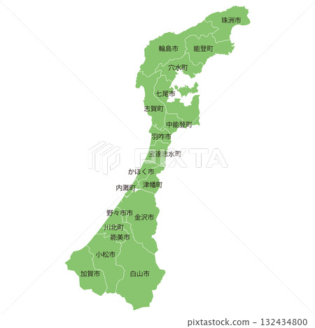 可分割的石川縣地圖,標有城市和城鎮名稱 可分割的石川縣地圖,標有城市和城鎮名稱 132434800