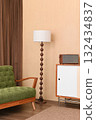 Cozy retro living room interior with vintage style furniture. green armchair, wooden floor lamp, and classic cabinet create comfortable and nostalgic atmosphere 132434837