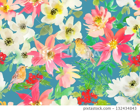 Watercolor hand-drawn seamless pattern with poinsettia, anemone, holly and bird on transparent background. Christmas botanical pattern. 132434843