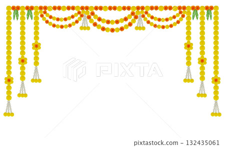 Indian pooja backdrop with marigold flowers design for home pooja, house warming, wedding and traditional events Indian pooja backdrop with marigold flowers design for home pooja, house warming, wedding and traditional events 132435061