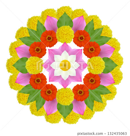 Marigold flower and lotus rangoli design for diwali festival, indian festival flower decoration celebration Marigold flower and lotus rangoli design for diwali festival, indian festival flower decoration celebration 132435063