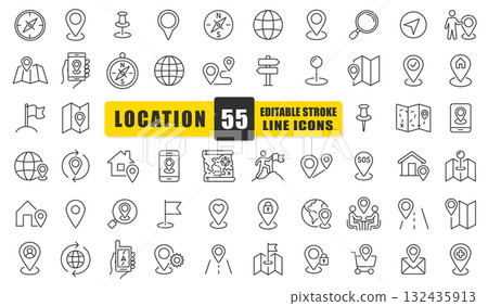 Location And Navigation Line Icon Set. A Collection Of 54 Thin Line Editable Stroke Icons Representing Map Pins, GPS, Compass, Direction, And Travel Symbols. Perfect For Maps, Apps. Isolated Vector Location And Navigation Line Icon Set. A Collection Of 54 Thin Line Editable Stroke Icons Representing Map Pins, GPS, Compass, Direction, And Travel Symbols. Perfect For Maps, Apps. Isolated Vector 132435913