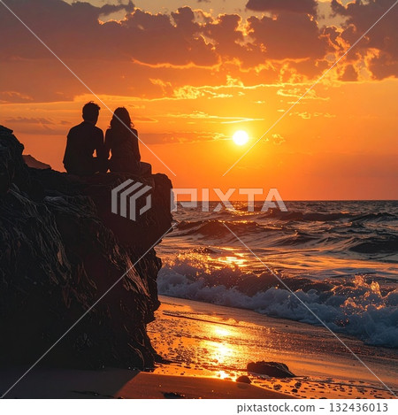 [AI 生成圖像] 插圖：戀人欣賞海上日落 132436013
