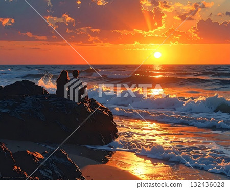 [AI 生成圖像] 插圖：戀人欣賞海上日落 132436028