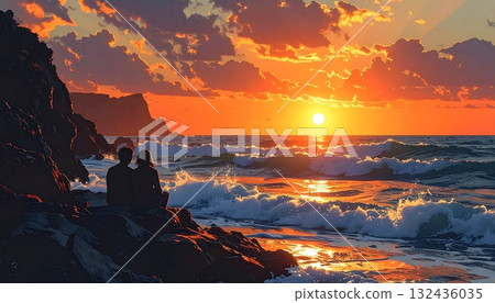 [AI 生成圖像] 插圖：戀人欣賞海上日落 132436035