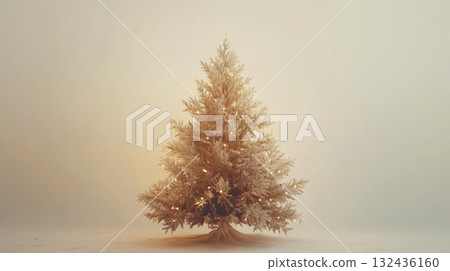 A soft beige and gold Christmas tree with gentle twinkling lights, minimalist white background . 132436160