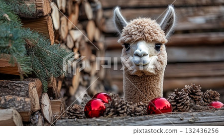 alpaca near firewood pile with pinecones and red ornaments . 132436256