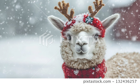 alpaca with reindeer antlers and snowflakes on fur, festive barn . 132436257