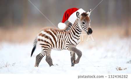 Baby zebra with a Santa hat, trotting through a snowy field . 132436282