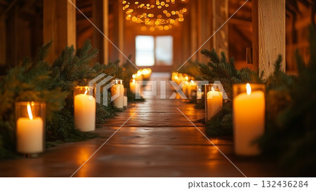 barn aisle lined with pine boughs and glowing candles, creating a warm and welcoming ambiance . barn aisle lined with pine boughs and glowing candles, creating a warm and welcoming ambiance . 132436284