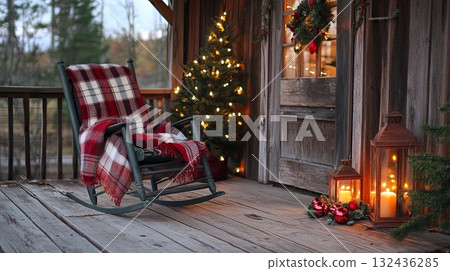 barn porch with a rocking chair, plaid blanket, and a glowing holiday lantern . barn porch with a rocking chair, plaid blanket, and a glowing holiday lantern . 132436285