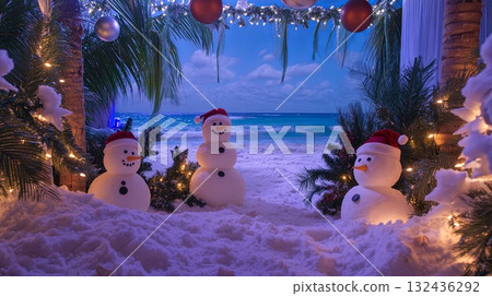 Beach Christmas party setup, sand snowmen, tropical decorations, ocean backdrop . Beach Christmas party setup, sand snowmen, tropical decorations, ocean backdrop . 132436292
