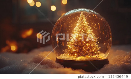 Christmas tree shining inside a snow globe, sparkling snow, frosted glass, festive glow . Christmas tree shining inside a snow globe, sparkling snow, frosted glass, festive glow . 132436449